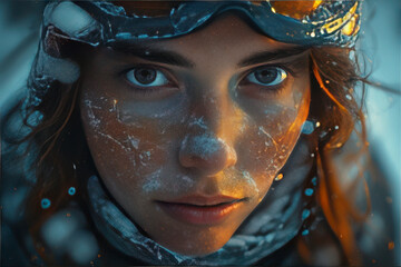 Close-up portrait of a young female skier, face covered with snow, wearing ski goggles and winter clothing
