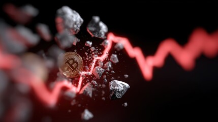 The visual representation of a stock market crash, with a red graph line plummeting and cryptocurrency symbols shattering into pieces.