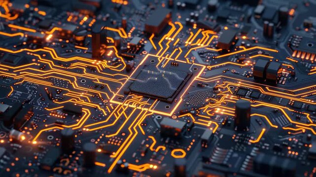 Close-up  of a circuit board with vibrant orange and green colors highlighting the intricate design and electronic pathways.