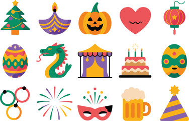 Colorful collection of decorative flat icon illustrations for various celebrations and festive events