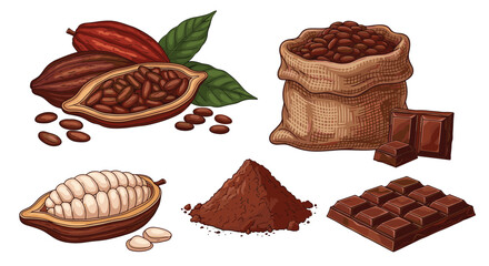 Fresh cocoa beans and ripe cacao pods with rich chocolate bars and powder.