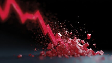 The visual representation of a stock market crash, with a red graph line plummeting and cryptocurrency symbols shattering into pieces.