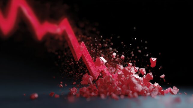 The visual representation of a stock market crash, with a red graph line plummeting and cryptocurrency symbols shattering into pieces.