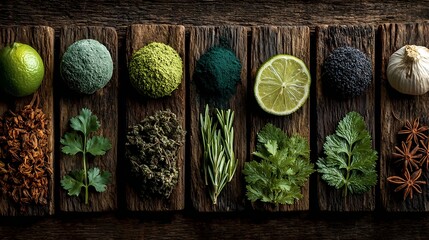 Assortment of fresh herbs and spices in wooden spoons