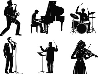 Musician silhouettes, saxophone player, pianist, drummer, singer, conductor, violinist, music performance, orchestra roles, concert scene, vector illustration, black and white © LITON