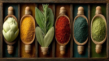 Colorful assortment of spices and herbs in wooden containers
