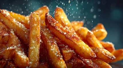Crispy golden french fries with herbs on dark plate