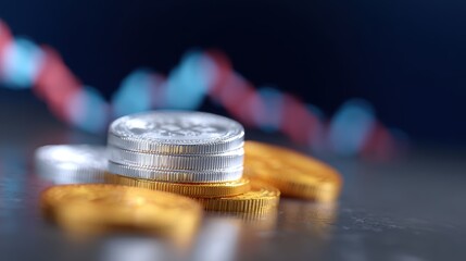 A conceptual image of cryptocurrency trading, with digital coins and a dynamic graph.