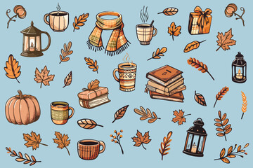 Autumn cozy clipart set, fall hygge illustration with coffee mugs, lanterns, pumpkin, books and autumn leaves