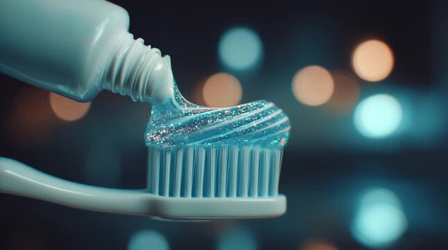 Close-up cinematic shot of squeezing shimmering blue toothpaste gel onto a toothbrush. Dental hygiene concept with beautiful bokeh lights background