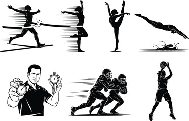 Runner finish line, figure skater pose, gymnast leg extension, swimmer diving, football tackle, basketball shot, coach stopwatch, athletic performance, silhouette vector