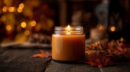 Blank pumpkin spice candle mockup on rustic wooden table with autumn leaves