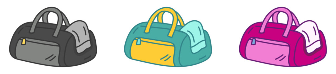 Cartoon Fitness Sports Bag with Towel in Different Colors, Cute Doodle Gym Equipment Illustration
