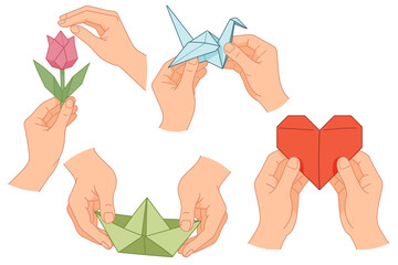 Hands Making Origami with Paper Flower, Crane, Heart, and Boat in Cartoon Vector Illustration