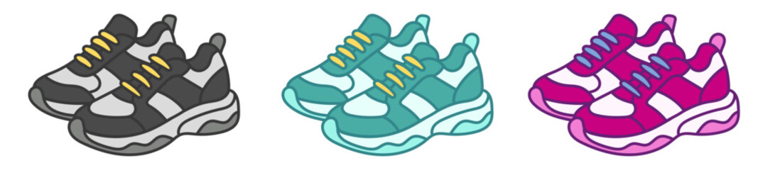 Cartoon Sports Sneakers in Different Colors, Cute Fitness Doodle Shoes Illustration