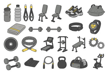 Fitness Cartoon Doodle Set with Dumbbells, Treadmill, Sneakers, Bench, Mat, Rope and Gym Equipment