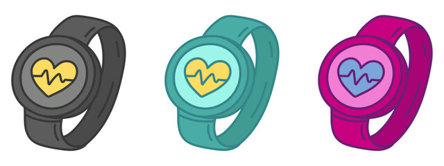 Fitness Smartwatch Cartoon Doodle with Heart Rate Icon in Multiple Colors