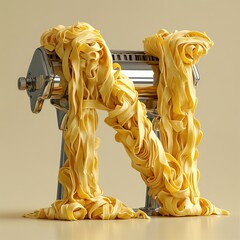 Pasta Machine with Freshly Made Noodles Forming the Letter N.