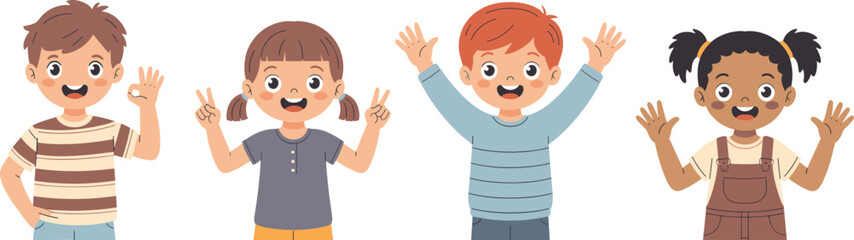 Happy diverse children group illustration, kids smiling with hand gestures, cartoon boys and girls vector, friendship, childhood fun, unity, playful character design