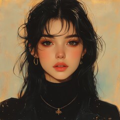 Portrait of a Beautiful Young Woman with Dark Hair and Green Eyes.