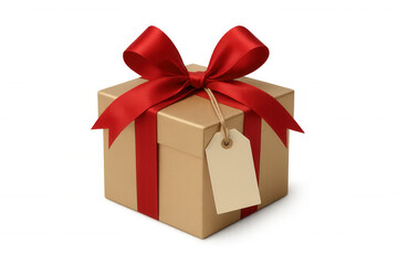 Fototapeta premium Gold gift box with red ribbon bow and blank tag, celebrating anniversary and special holiday surprises