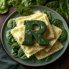 Ravioli dish with spinach and a green letter R.