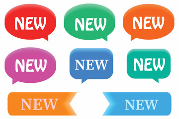 Colorful speech bubble labels with the word NEW in different styles and shapes. Bright vector design elements for sale, promotion, marketing, and product highlight banners.