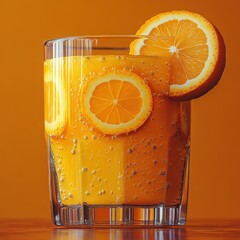 Refreshing Orange Drink with Citrus Slices and Bubbles in a Glass.