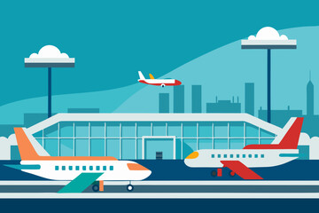 Modern airport terminal with airplanes on the tarmac and in the sky