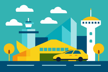 Modern cityscape with yellow car and iconic buildings under clouds