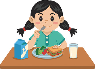 Happy little girl eating healthy food at table, sandwich vegetables milk, balanced nutrition cartoon illustration, kids meal concept, school lunch vector design