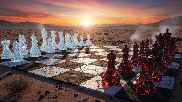 A dramatic chess game unfolds in a desolate desert landscape at sunset, with ice and lava pieces clashing in an epic battle