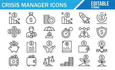 Management Resilience Icons — Vector Symbols of Risk Control, Umbrella and Recovery