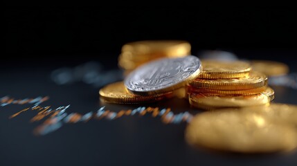 A conceptual image of cryptocurrency trading, with digital coins and a dynamic graph.