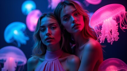 Two young women posing together with colorful jellyfish in background  
