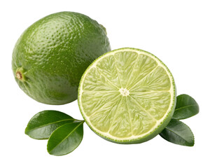 Whole and halved green lime with leaves on black background citrus fruit