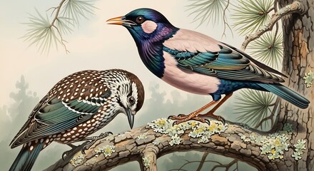 Two rosy starling birds perched on a branch in a vintage ornithological illustration