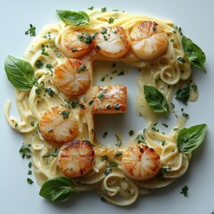 Seared Scallops and Pasta with Creamy Sauce and Basil.