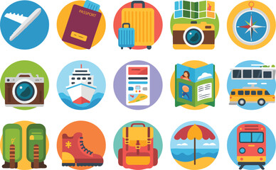 Colorful travel and tourism icons representing vacation elements and adventurous activities across the world.