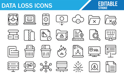 Data Loss Icons — Editable Stroke Line Set of Deleted Files, Corrupted Disks, Backup, Restore, Ransomware, Cloud Sync Errors, Security Breach, Warning and Recovery Symbols for IT and Cybersecurity