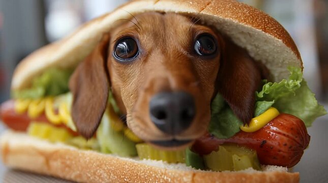 Cute little brown dachshund pup peeking out from a hot dog bun topped with lettuce, sausage, mustard, and pickles