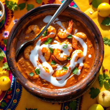 A close-up of a clay pot containing chingri malai curry
