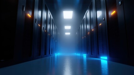 A 3D render of a futuristic server room with glowing blue light, symbolizing data processing and cloud technology.