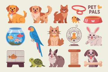 Delightful cartoon illustrations of various pet animals for animal lovers and pet shop designs
