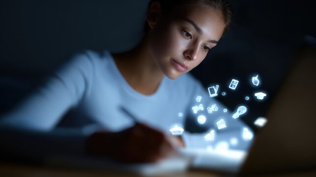 An image of a student studying at a desk, surrounded by a subtle, glowing network of educational icons.