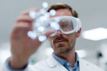 Scientist interacting with 3D molecular models using virtual reality technology in a futuristic laboratory