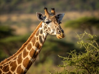 Obraz premium Closeup of a giraffes head and neck in the african savanna at sunset
