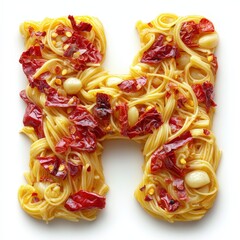 Spaghetti pasta with garlic and chili peppers shaped into the letter H on a white background.