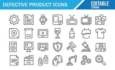 Quality Control Failure Icons — Editable Stroke Symbols of Defects, Reports, and Returns