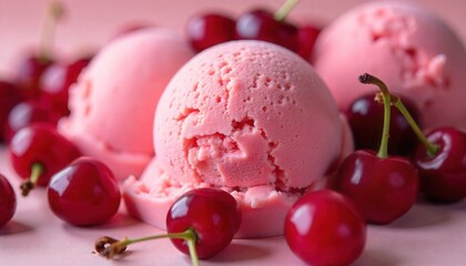 Sweet and refreshing scoops of vibrant pink cherry ice cream, adorned with luscious fresh red cherries. A delightful and indulgent dessert, perfect for warm days or festive occasions
